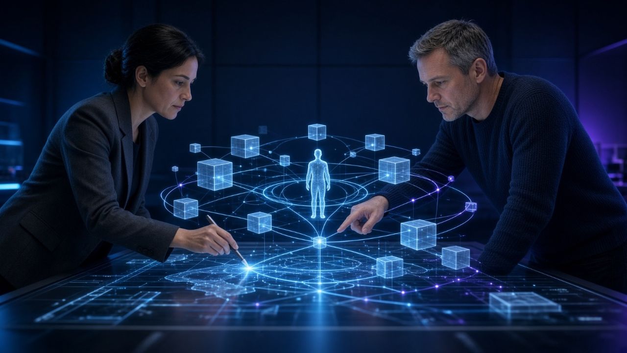 Two specialists working over an interactive map of connected infrastructure